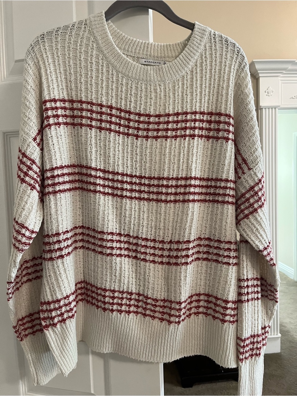 Staccato Cream Knit Sweater with Red Stripes